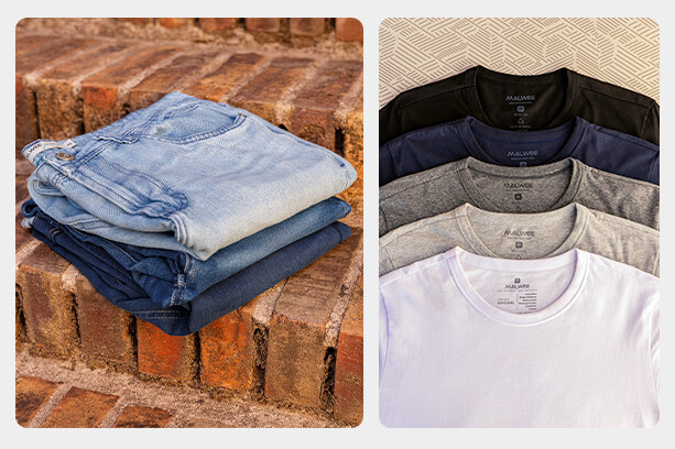 Monte diferentes looks básicos com camisetas e calças jeans.