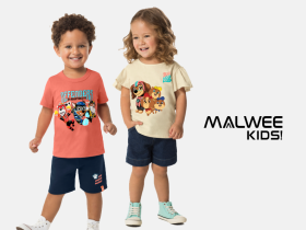 À esquerda, menino e menina usam roupas de personagens da Patrulha Canina. À direita, o título "Malwee Blog".
