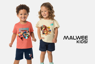 À esquerda, menino e menina usam roupas de personagens da Patrulha Canina. À direita, o título "Malwee Blog".