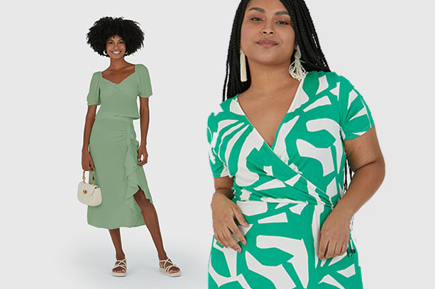 Mulheres usando vestidos com tons de verde para o verão de 2024.