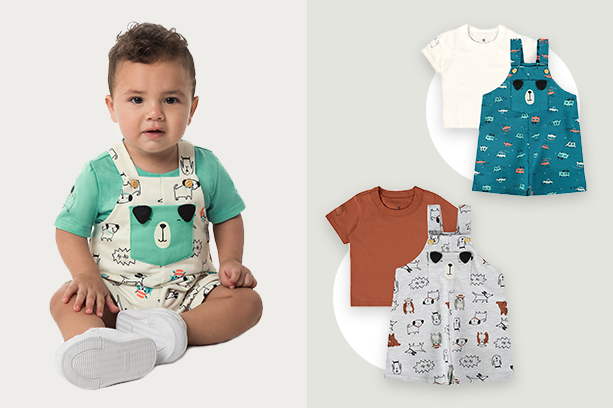 Bebê usando look infantil masculino com camiseta e macacão estampado
