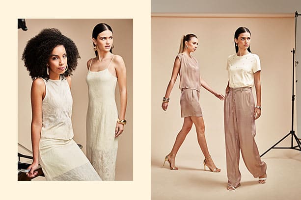 Mulheres brasileiras vestem looks para Ano Novo 2026, entre conjuntos e vestidos das marcas Malwee e Enfim.