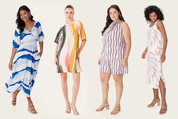 Mulheres brasileiras vestem looks para Ano Novo 2026, entre conjuntos e vestidos das marcas Malwee e Enfim.