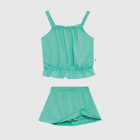 Conjunto infantil de regata cropped e shorts-saia verde-água em malha texturizada da Malwee Kids