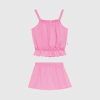 Conjunto infantil de regata cropped e shorts-saia cor de rosa em malha texturizada da Malwee Kids