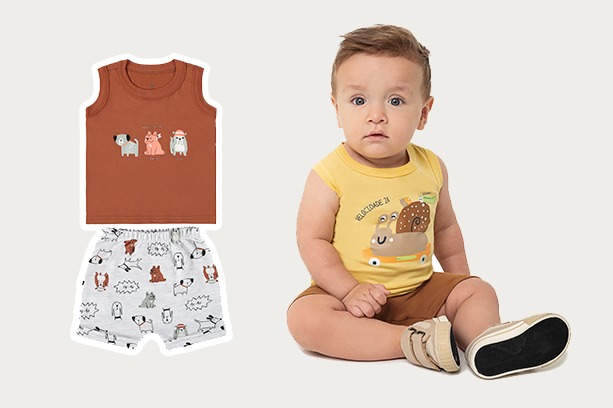 Exemplo de como vestir o bebê no calor, usando regata infantil e shorts infantil