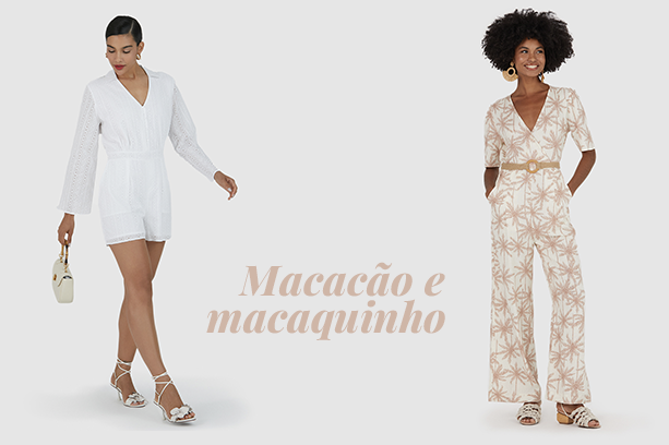 Mulheres usando looks para ano novo com opções de macacão estampado e macaquinho branco.