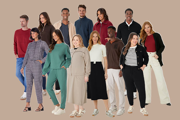 Inspirações de look com moletom: Modelos variados vestem peças em moletom da Malwee, incluindo conjuntos de moletom feminino, moletons plus size, saias em moletom, entre outros. A imagem mostra como moletons podem vir em diferentes estampas (xadrez, listrado, liso) e modelagens (cropped, oversized, alongado)