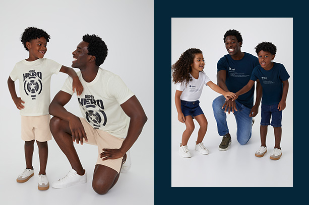 Uma família brasileira composta por um pai adulto e duas crianças (um casal de filhos) vestem camisetas temáticas de Dia dos Pais da Malwee enquanto se divertem em frente a um fundo branco.