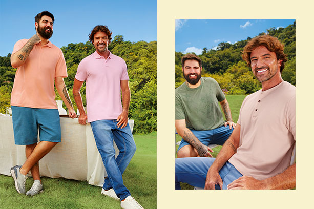 Dois amigos vestem camisetas básicas da Malwee enquanto posam para foto. Produtos na imagem incluem camisetas polo Malwee nas cores salmão e rosa claro, camiseta com gola de botões na cor rosa claro, e camiseta básica com gola U na cor verde.