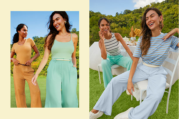 Duas amigas vestem looks de peças básicas da Malwee, incluindo regatas básicas, camiseta básica, e peças listradas. Elas posam para a foto em um parque.