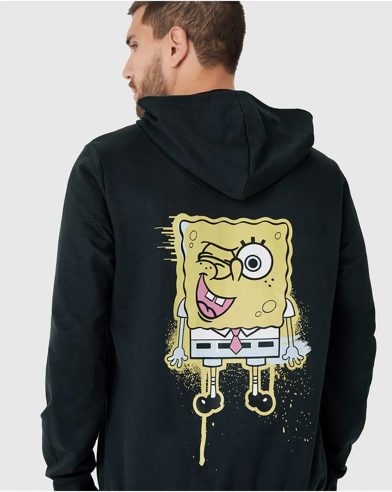 Moletom unissex preto da Malwee com estampa do Bob Esponja piscando e sorrindo nas costas.