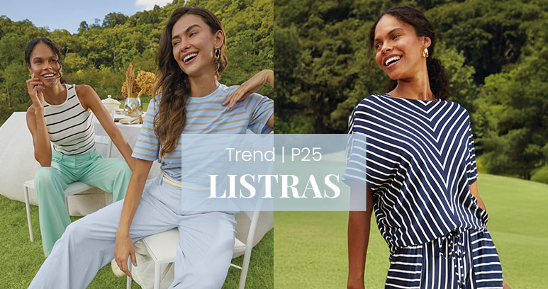 Modelos da marca Malwee vestem peças listradas para tirar fotos ao ar livre, em um parque ensolarado. Elas vestem regata listrada preta e branca, camiseta listrada azul e cinza, e um conjunto de camiseta e shorts com listras diagonais azul marinho e branco.