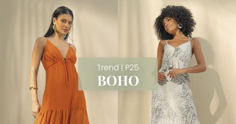 Duas modelos da marca Enfim vestem vestidos de alcinha com decote triangular. O primeiro vestido é laranja, o segundo tem estampa animal print de cobra na cor cinza claro.