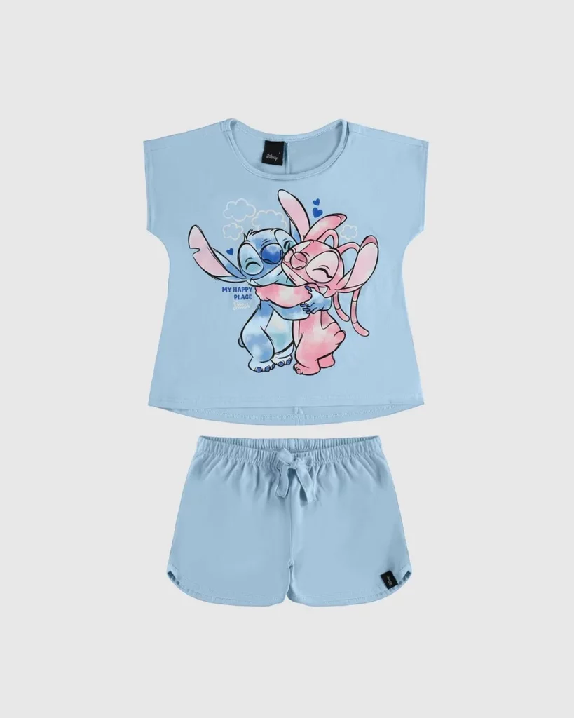 Conjunto de pijama feminino azul com shorts e manga curta, estampado com o personagem da Disney, Stitch.