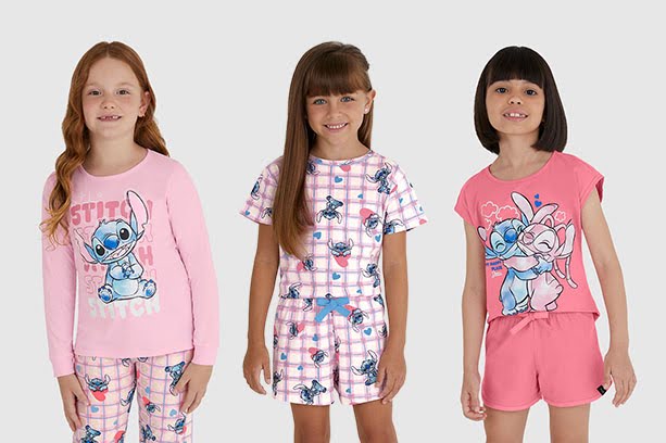 Imagem mostra conjunto de pijama infantil feminino do Stitch