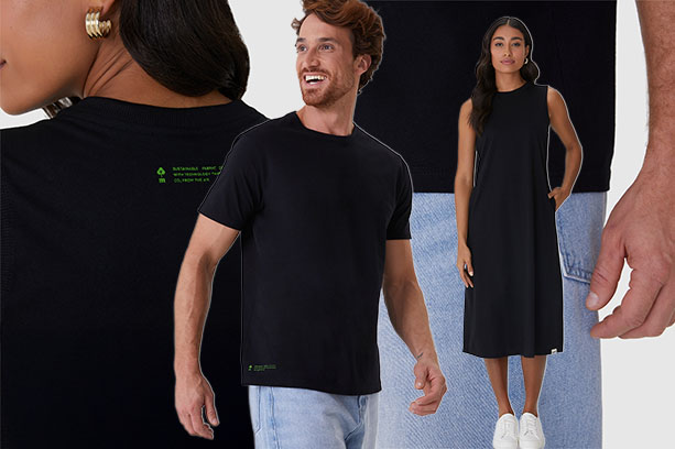 Homem veste camiseta Ar.voree e mulher veste vestido Ar.voree em colagem de peças.