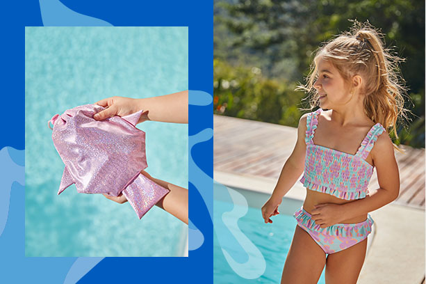 Menina usa conjunto de biquíni com proteção solar UV50+ que acompanha bolsa em formato de peixe. A roupa faz parte da linha de roupas de segurança infantil da Malwee Kids