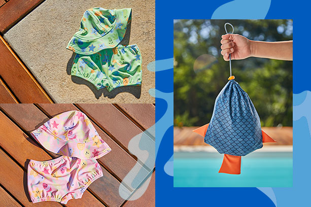 Conjuntos de moda praia infantil com acessórios temáticos da Malwee Kids. Todas as peças possuem proteção UV50+ contra raios solares.