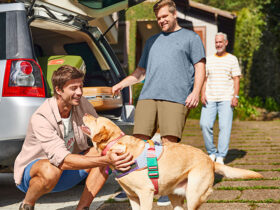 Família de três homens, todos vestindo Malwee, se prepara para viagem junto ao seu cachorro.